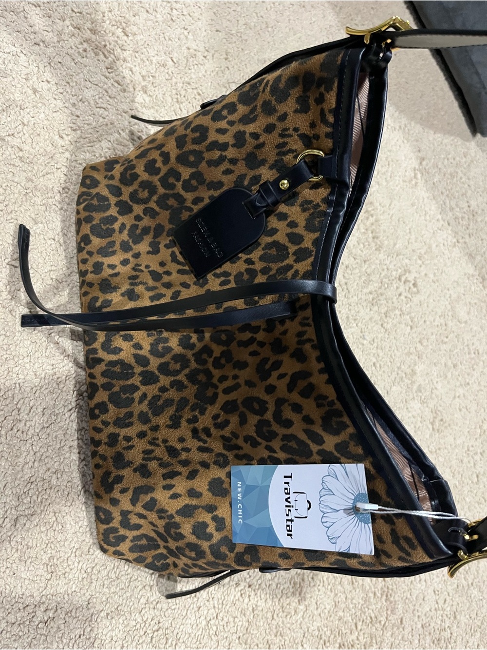 Leopard Print Shoulder Tote Bag with Black Trim